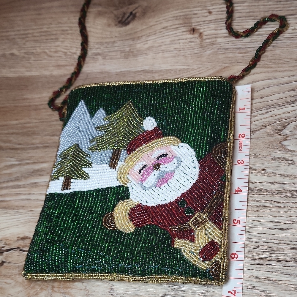 Festive Green Red Beaded Mini Crossbody Purse Bag Santa Winter Wonderland - Picture 7 of 8